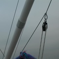 The downhaul block attached to the bridle (now its at the end of the pole)