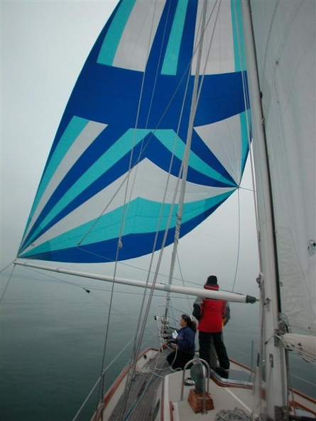 The pole on the tack of the spinnaker allows us to sail deeper with an asymetrical